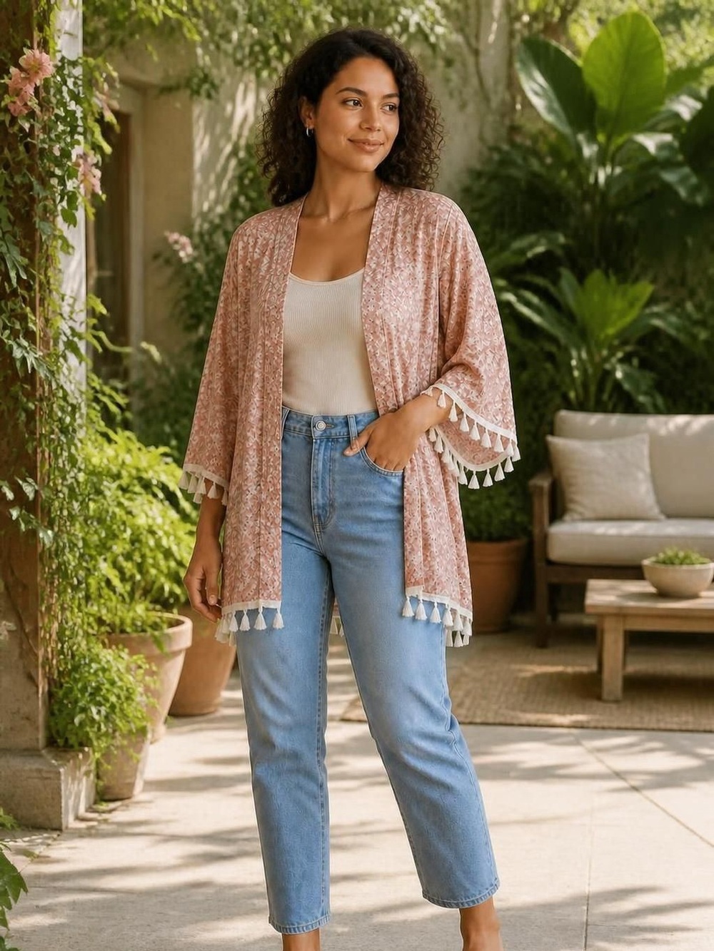 Floral Pink Kimono Ruana with Tassels